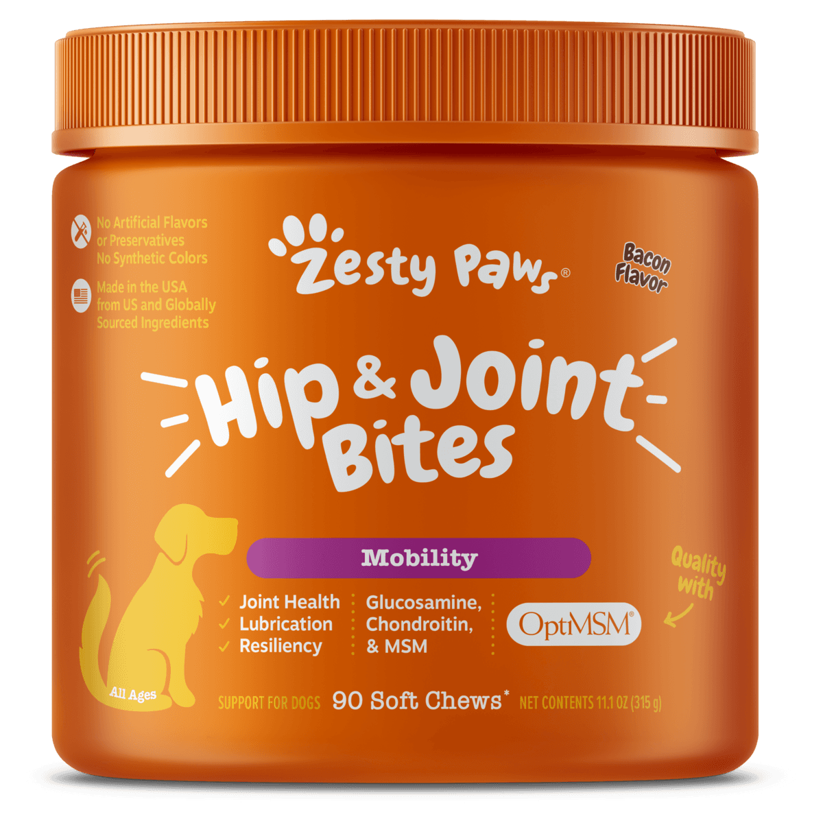 Zesty Paws Hip & Joint Bites for Dogs - Bacon Flavor, 90 Soft Chews